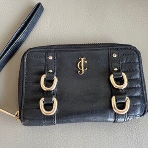 JUICY COUTURE black leather wallet wristlet brass hardware